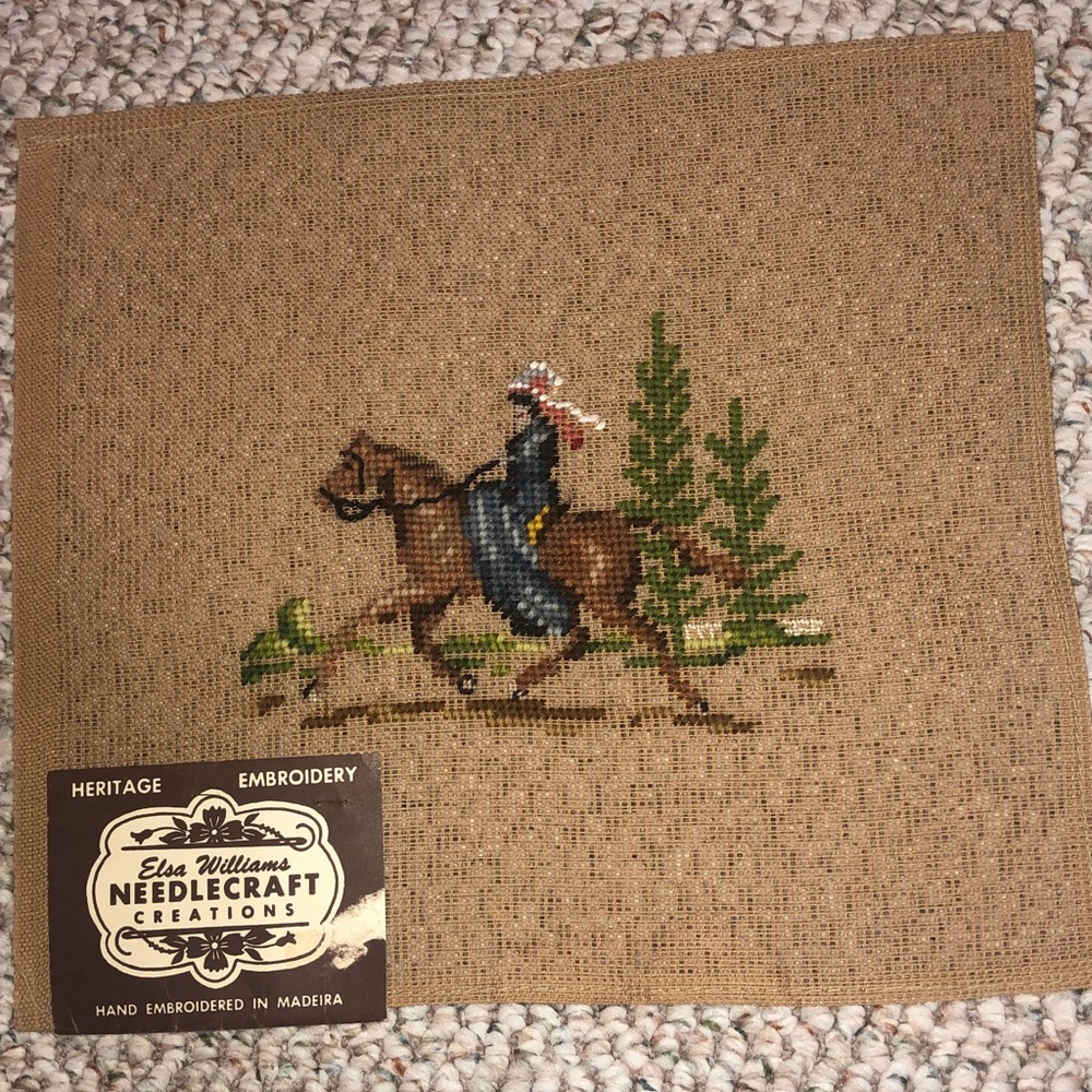 Vintage Needlepoint Equestrian complete no frame 12 x 12